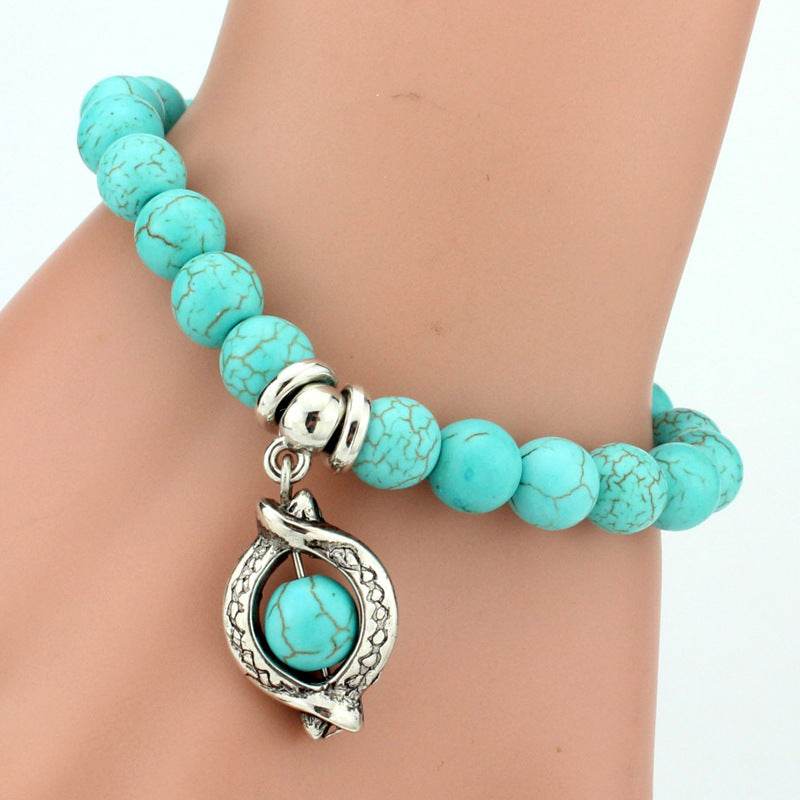 Vintage Turquoises Bracelets for Women Men Cross Tree Snake Owl Hand Pendant Charm Bracelet Bangle Fashion Jewelry - Mubimart