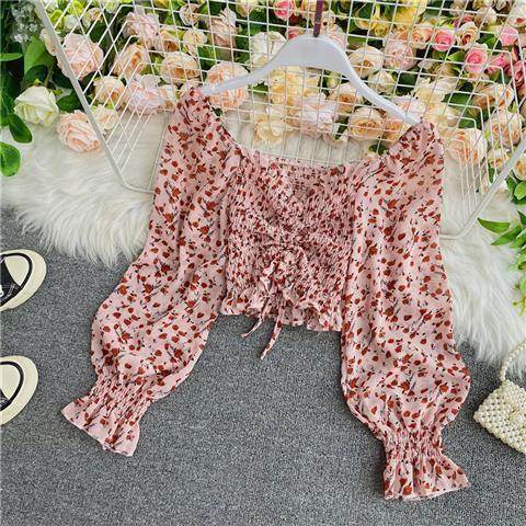 Sweet Square Neck Blouse Floral Chiffon Shirt Women - Mubimart