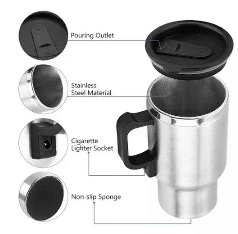 Stainless Steel Vehicle Heating Cup Electric Heating Car Kettle Camping Travel Kettle Water Coffee Milk Thermal Mug - Mubimart