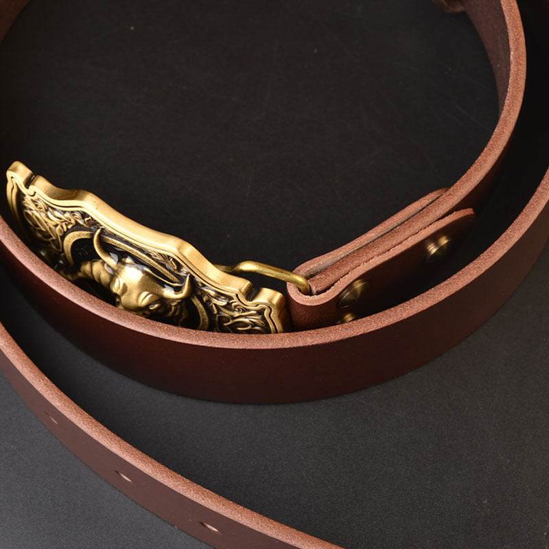 Men's Copper Buckle Head Layer Cowhide Plate Buckle Smooth Buckle Belt - Mubimart