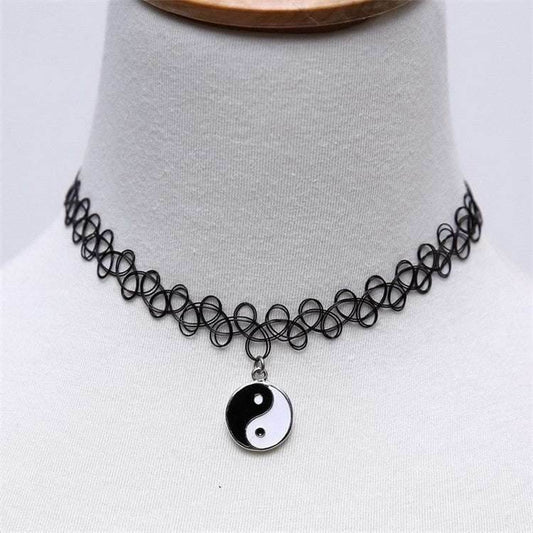 Black Plastic Choker Necklace Women Elastic Tattoo Chokers Gothic Punk Yin Yang Pendants 90s Chocker - Mubimart