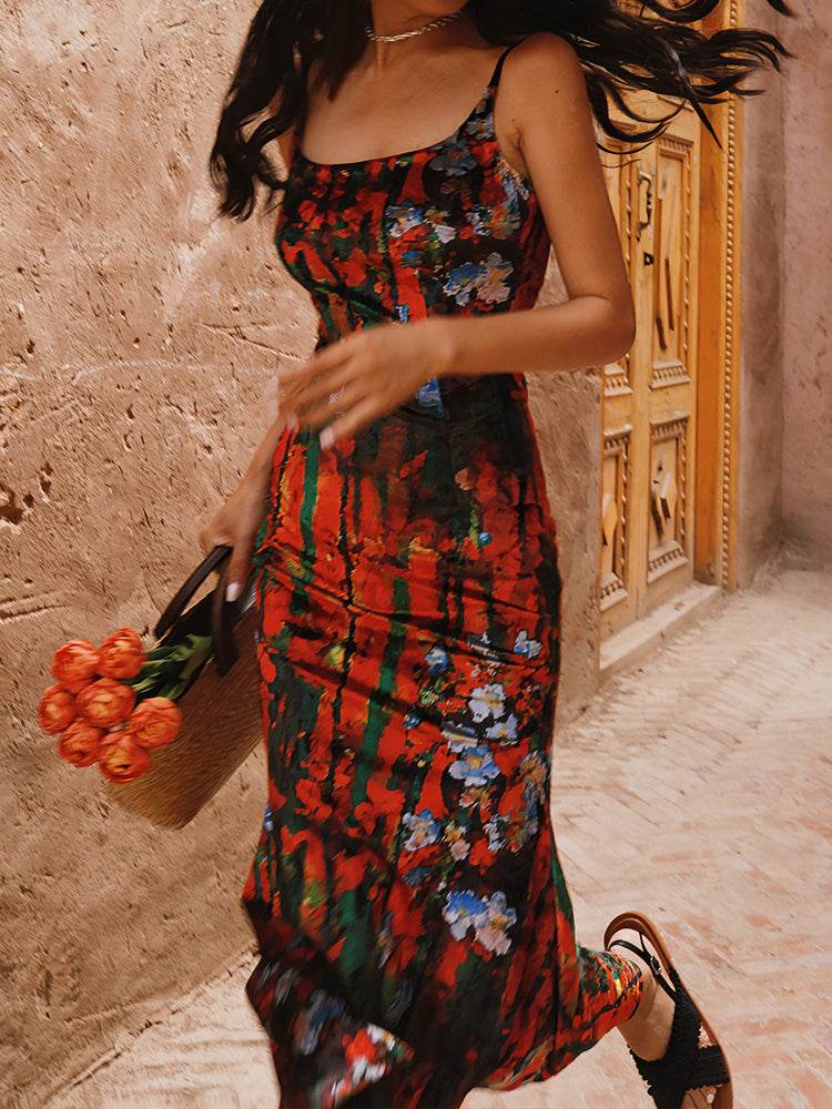 Vintage Ladies Velvet Print Slip Dress - Mubimart