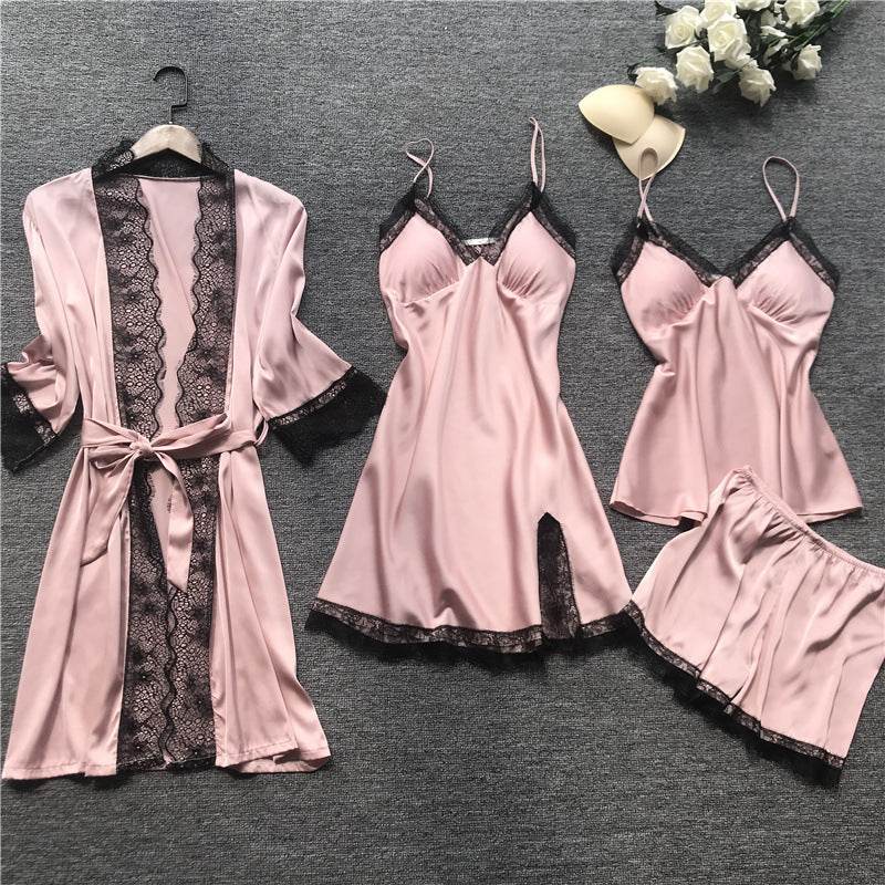 Silk pajama four piece set - Mubimart