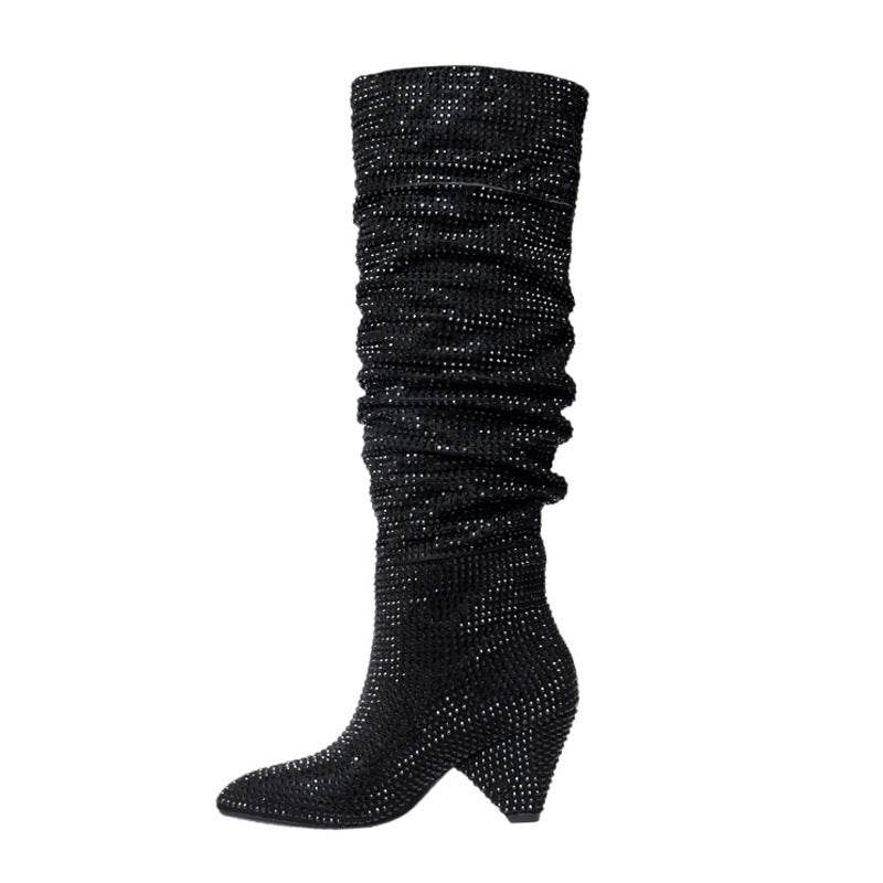 Tapered Heel Silver Rhinestone Tall Fashion Women's Boots - Mubimart