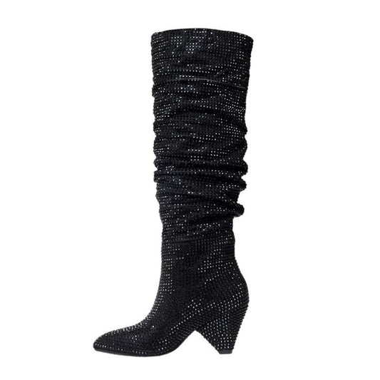 Tapered Heel Silver Rhinestone Tall Fashion Women's Boots - Mubimart