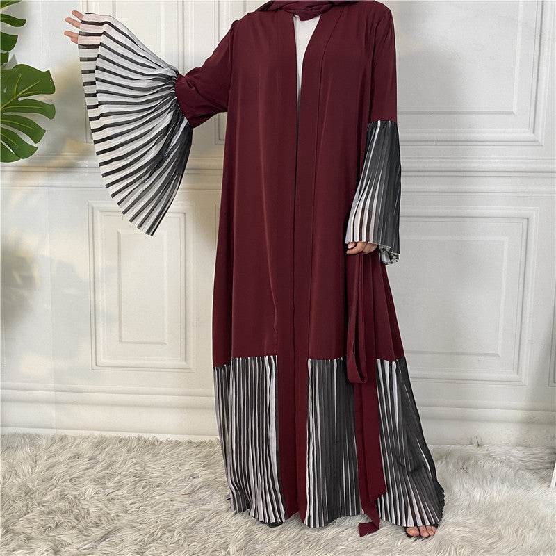 Pleated Hem Robe Women Arabian Long Cardigan - Mubimart