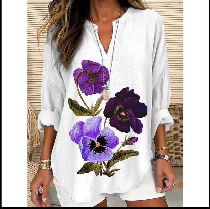 Loose Printed Neck Casual Plus Size Pullover - Mubimart