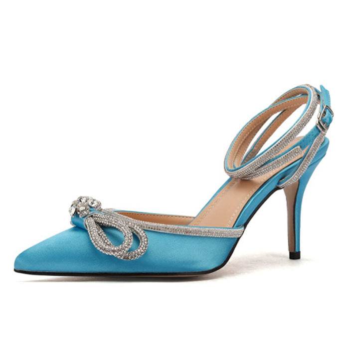Rhinestone Bow Sandals Women's Lace-up Buckle Satin Hollow Stiletto Pointed Toe High Heels - Mubimart