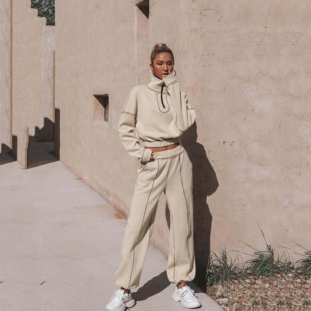 Long Sleeve Sweatshirt Stand Up Zipper Short Top With Loose Straight Leg Pants Women's Clothing - Mubimart