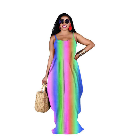 Rainbow Print Loose Slip Dress Maxi Dress - Mubimart