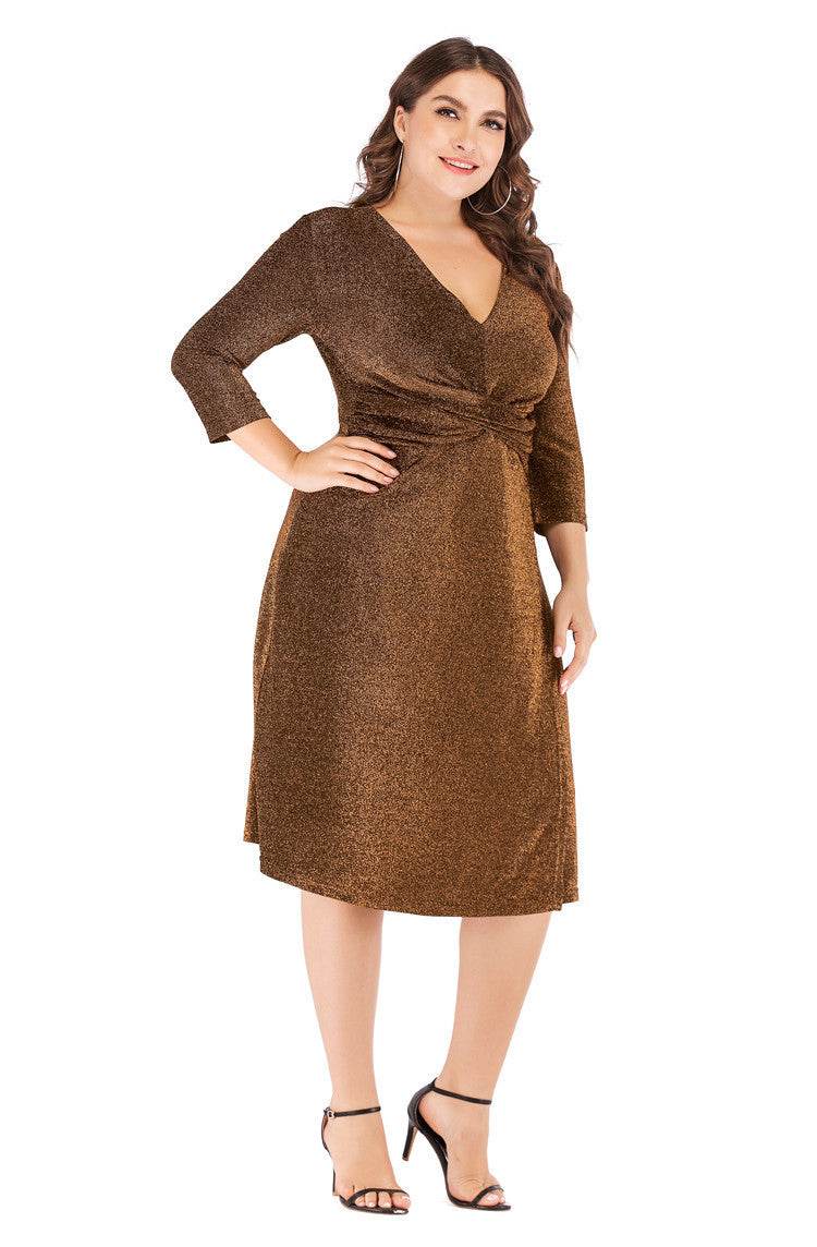 Plus Size V-neck 34 Sleeves High Waist Midi Skirt Bright Silk Party Dress - Mubimart
