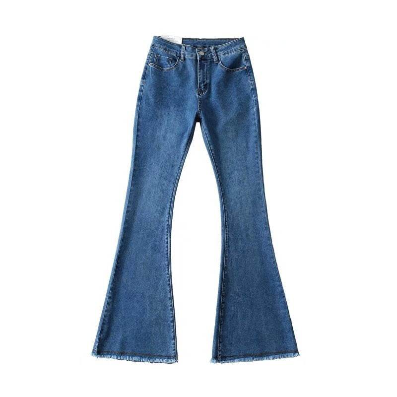 Autumn And Winter Fashion Small High Waist Raw Hem Jeans Retro Distressed Small Man Stretchy Wide-leg Slim Flare Pants - Mubimart