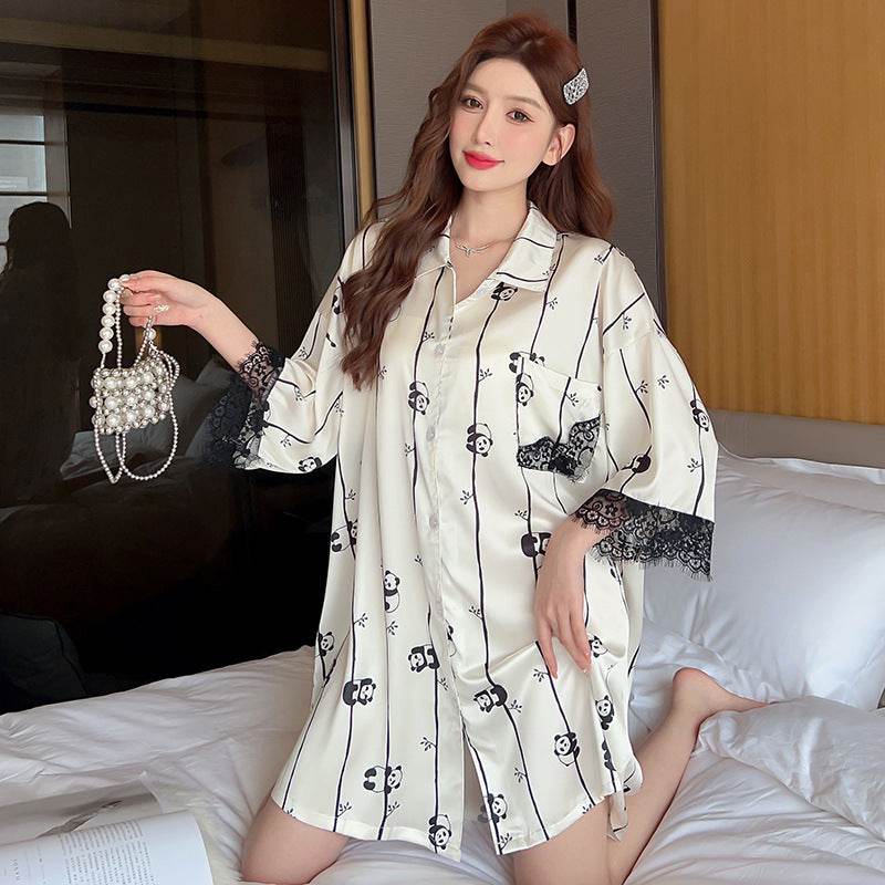Striped Shirt Dress Short Sleeve Plus Size Loose Pajamas For Women - Mubimart