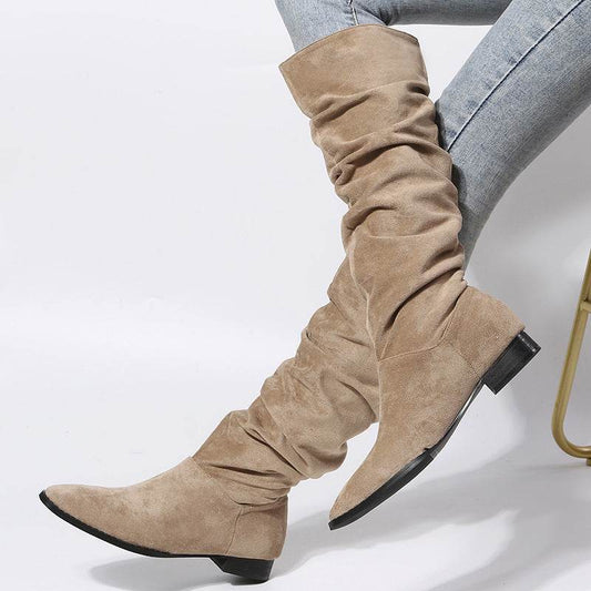 Low Heel Boot Women Faux Suede Pointed Toe Boots Pleated Design Shoes - Mubimart