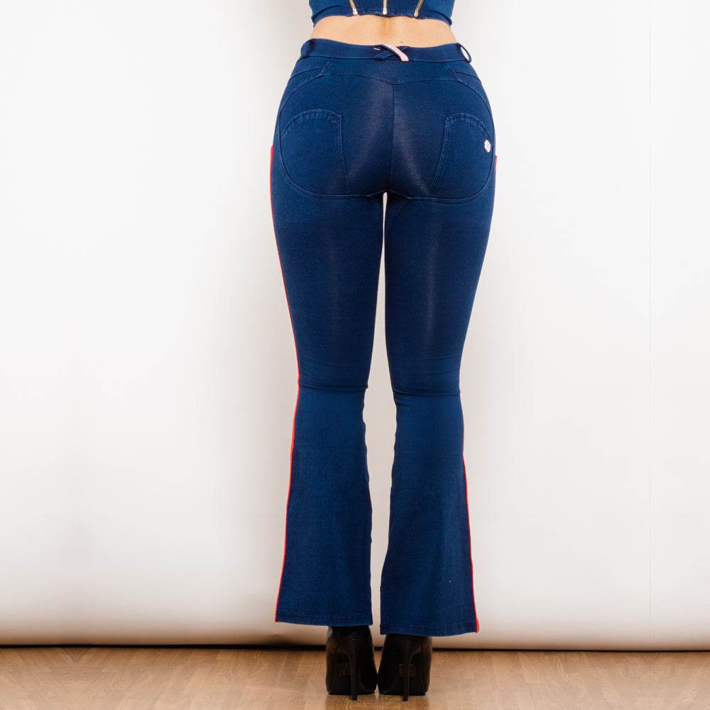 Shascullfites Melody Fashion White Red Side Stripe Flare Jeans Butt Lifting Female Casual Elasticity Dark Blue Denim Bell Pants - Mubimart