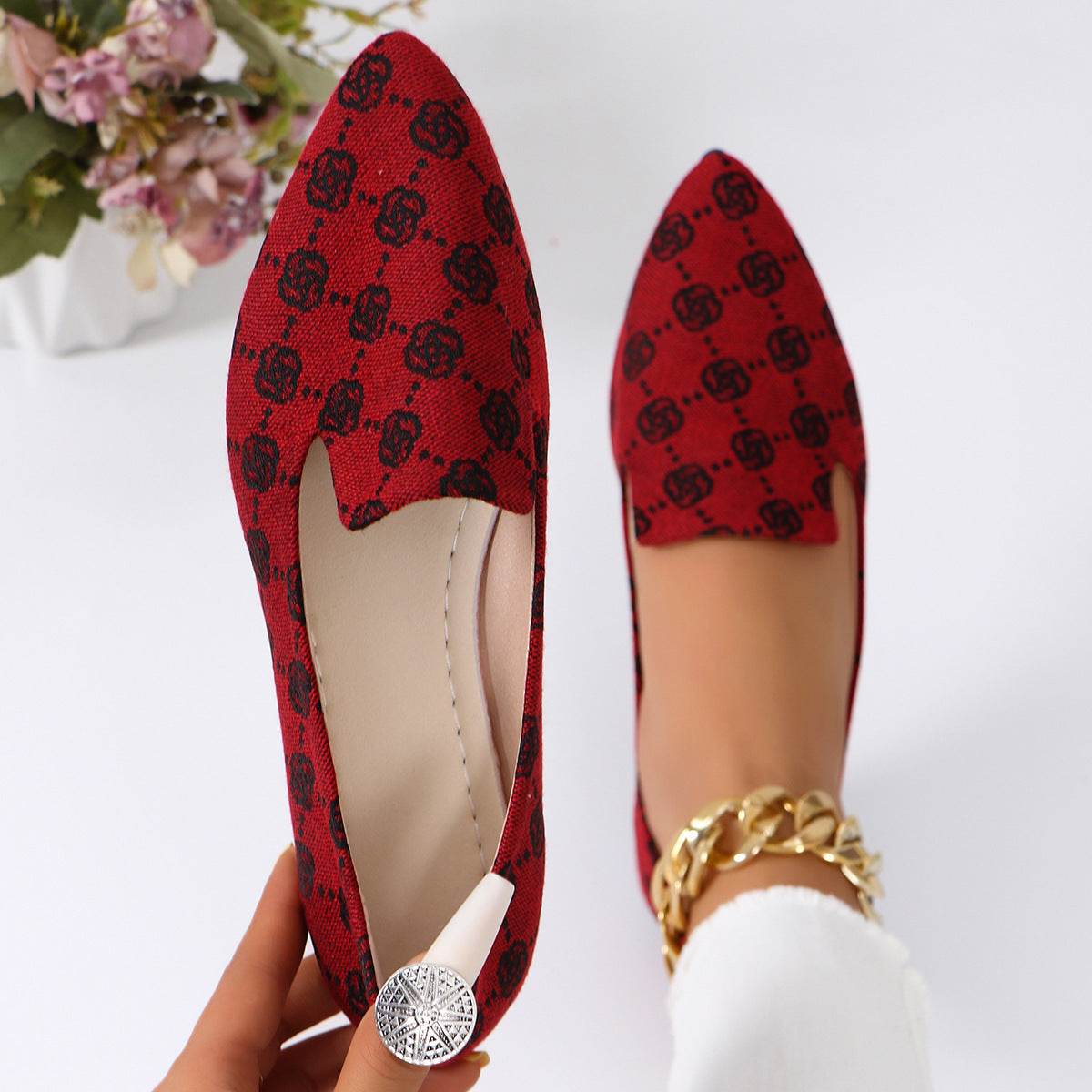 Rose Print Flats Shoes Fashion Casual Pointed Toe Canvas Loafers Lazy Shoes For Women - Mubimart