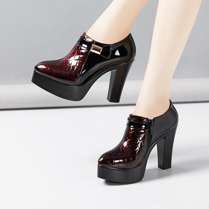 Autumn And Winter New Patent Leather Color Matching High Heel Large Size Work Shoes Women