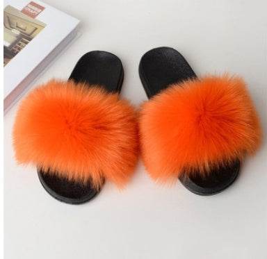 Faux Fox Fur Slippers Women Non Slip Plush Slippers - Mubimart