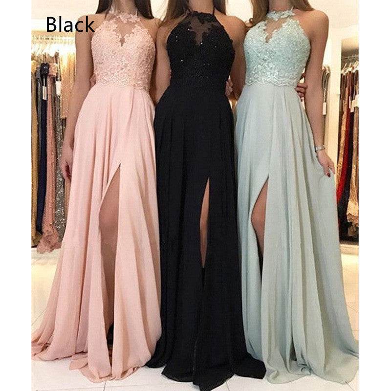 Halter Lace Chiffon Dress Prom Evening Dress Split Long Skirt - Mubimart