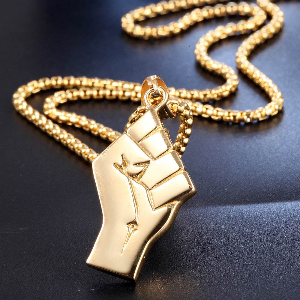 Mens Gold Fist Titanium Steel Pendant Necklace - Mubimart