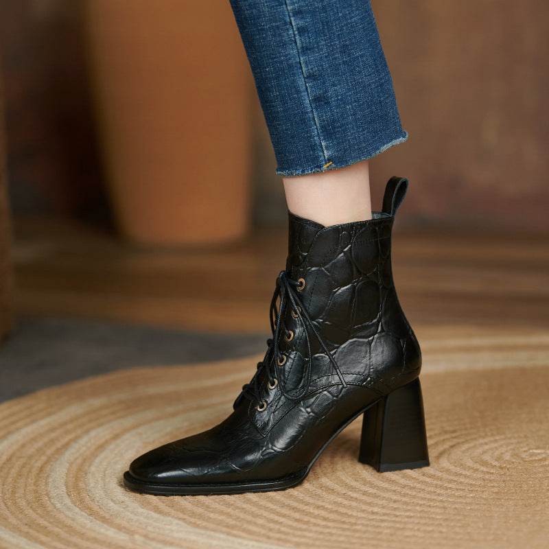 Women's Thick Heel Martin Boots Lace Up High Heels - Mubimart