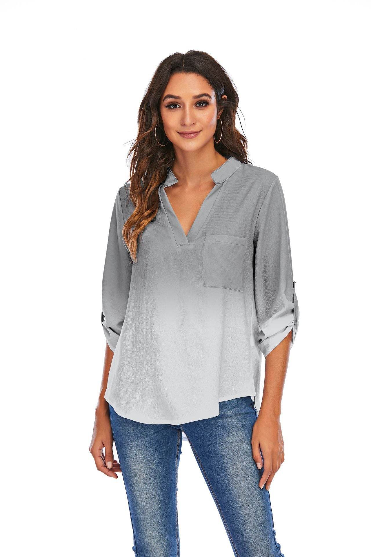 Print Gradient Blouses Women V-Neck Pockets Loose Shirts - Mubimart