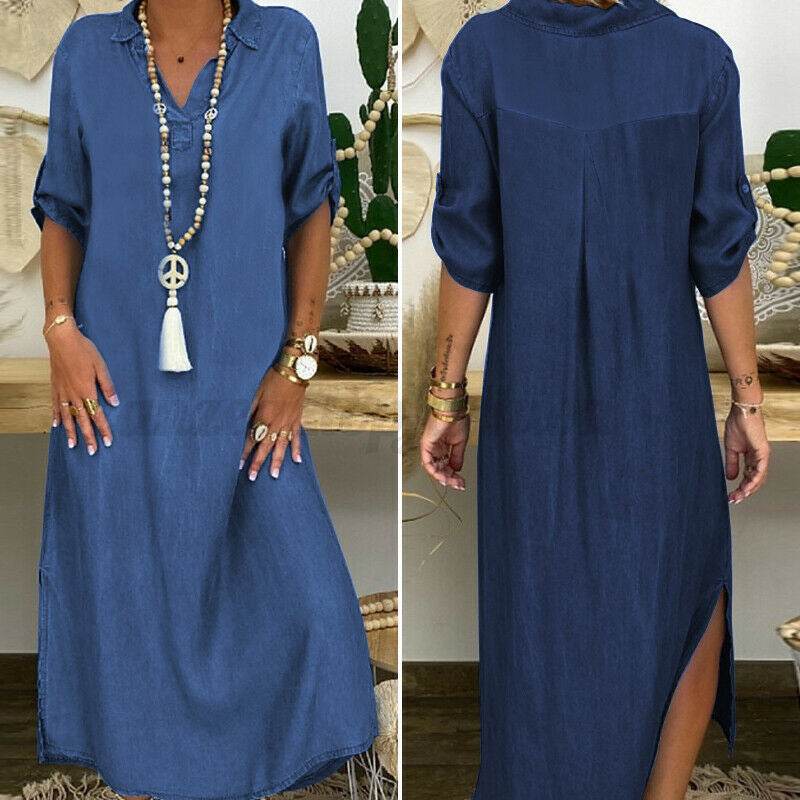 Solid Color Plus Size Dress With V-neck Denim Dress - Mubimart