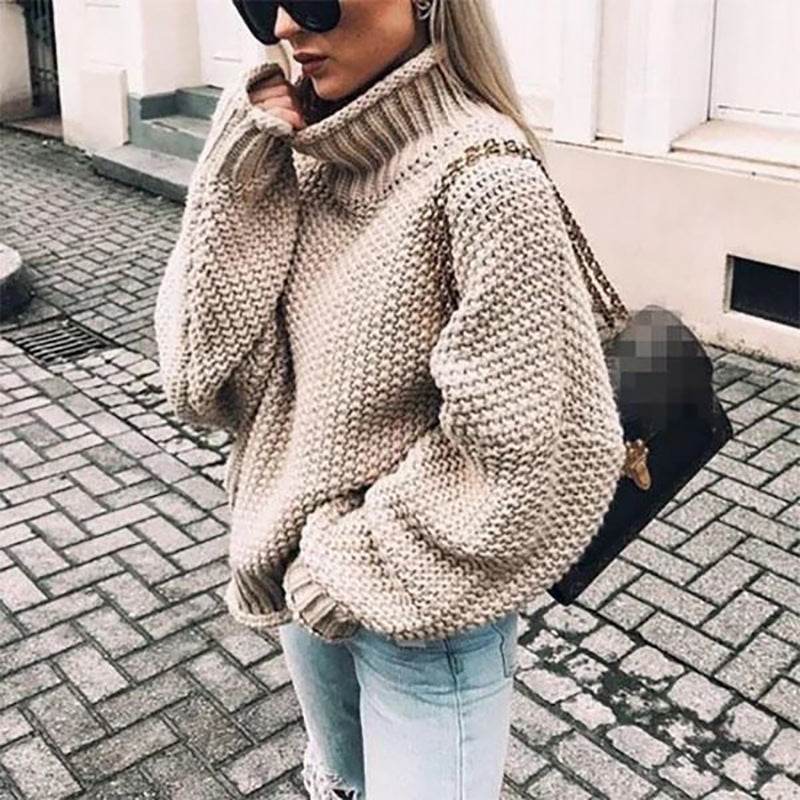 Women's Chunky Turtleneck Turtleneck Doll Sleeve Sweater - Mubimart