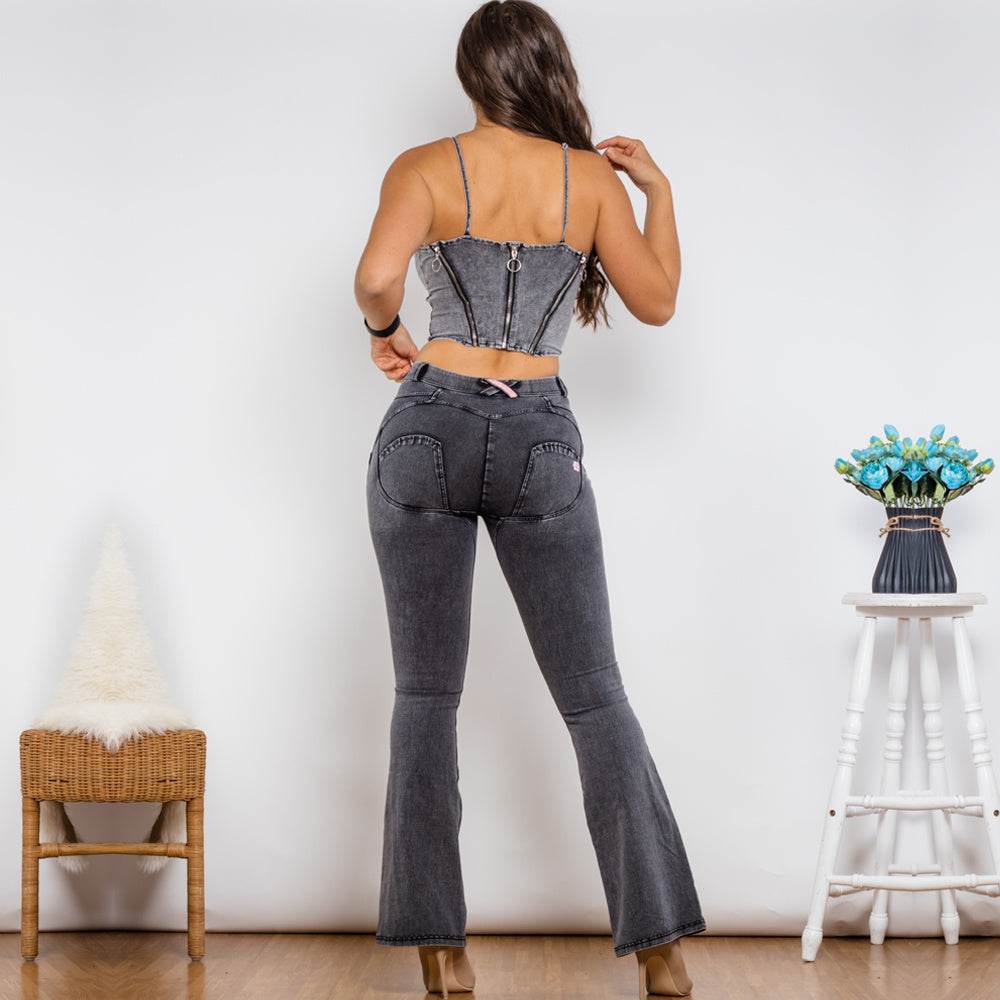 Shascullfites Shaper Suit Grey Denim Bodysuit Zipper Push Up Top Middle Waist Butt Lift Flare Jeans Women Two Piece Outfits - Mubimart