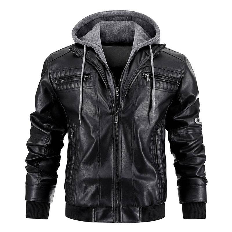 Hooded Jacket With Zipper Pockets Fashion Warm Pu Leather Coat Mens Clothing - Mubimart