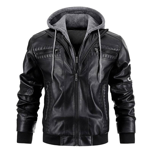 Hooded Jacket With Zipper Pockets Fashion Warm Pu Leather Coat Mens Clothing - Mubimart