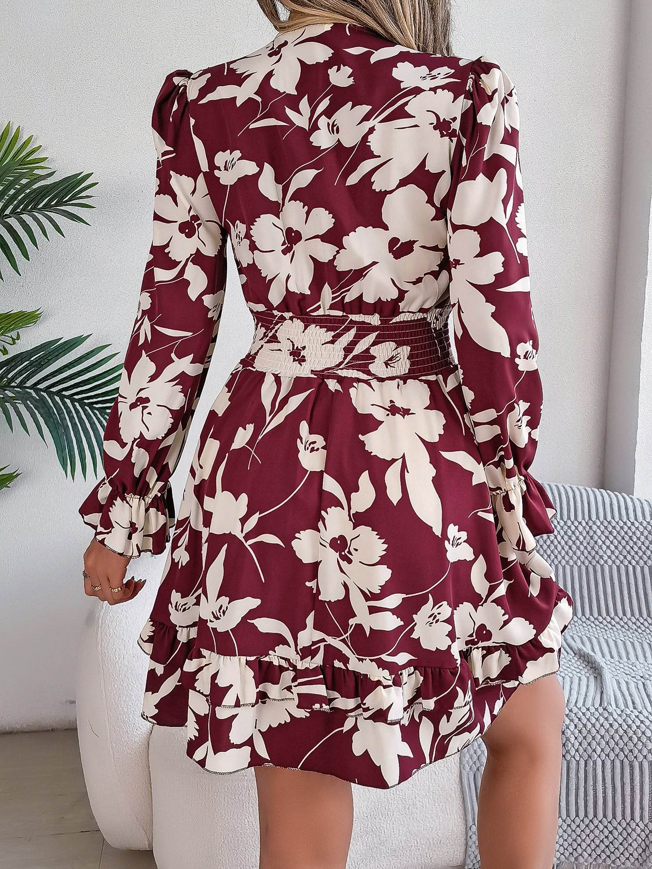 New Floral Printed V-Neck Long Sleeve Dress Fashion Ruffles Bowknot A-Line Short Dress Women's Clothing - Mubimart