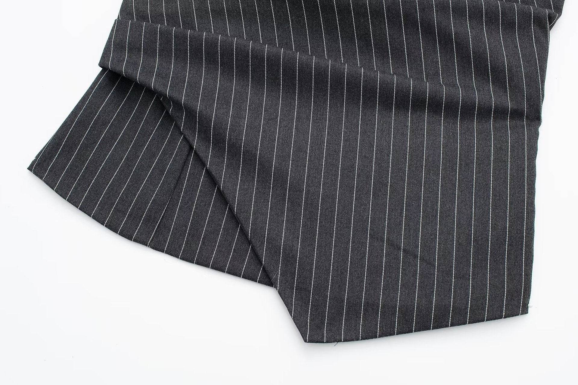 Diagonal Neck Pinstripe Tight Pleated Corset Top - Mubimart