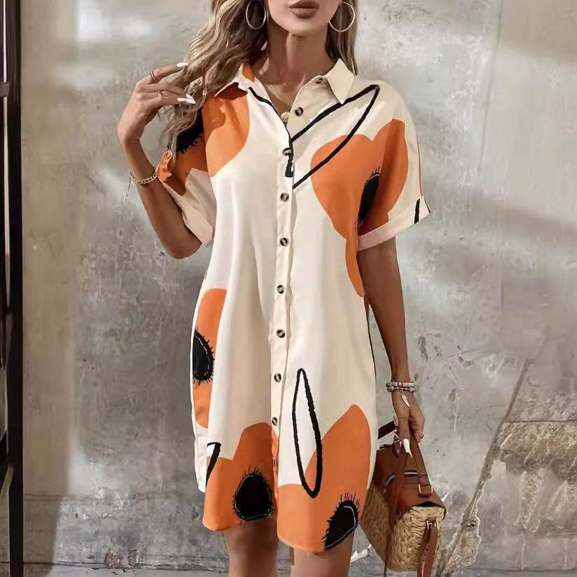 Plus Size Women's Printed Pleated Loose Shirt Dress - Mubimart