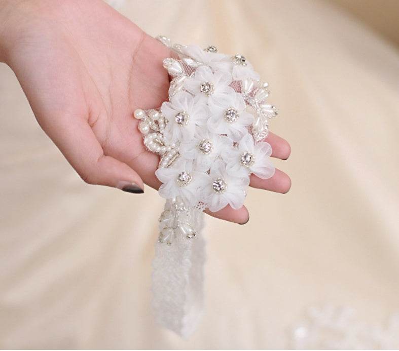Bridal Rhinestone Garter Belt Pearl Flower Leg Socks Elastic - Mubimart