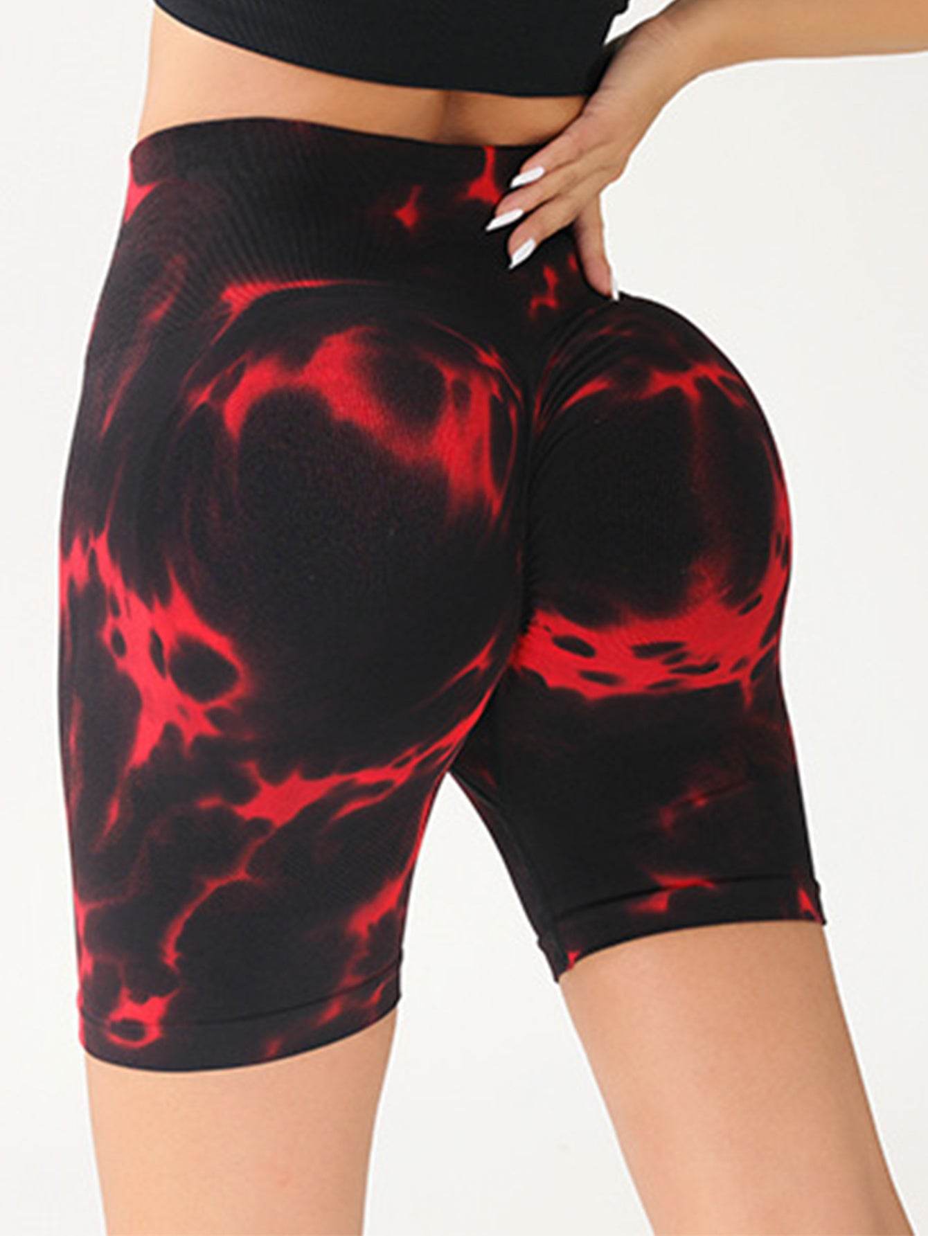 High Waist Tummy Control Yoga Shorts For Women, Tie-Dye Ruched Booty Lifting Workout Fitness Shorts, Hip Lifting Sports Activewear, Gym Exercise Running Shorts - Mubimart