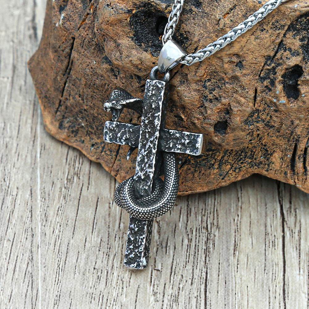 Mens Fashion Vintage Solid Three-dimensional Cobra Cross Pendant Necklace - Mubimart