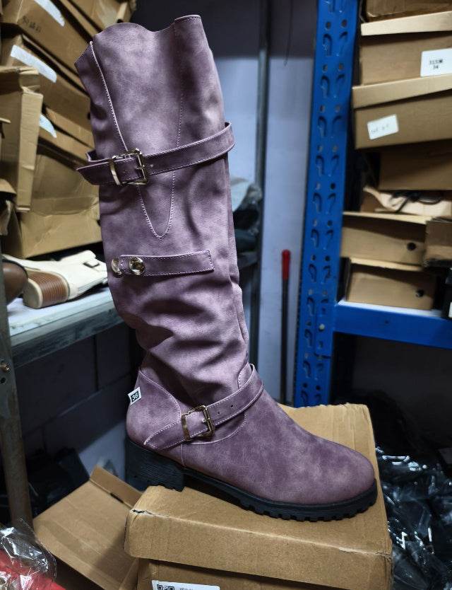 Round Head Casual Low Heel Tall Knight Boots - Mubimart