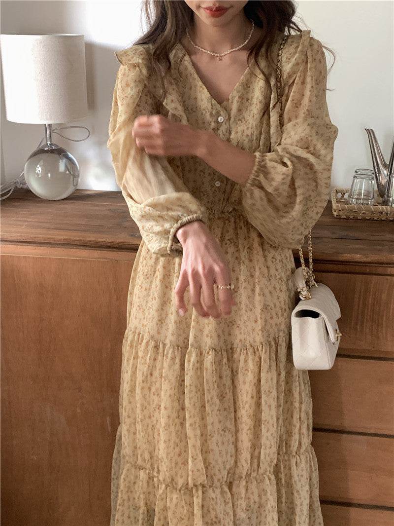 Retro Elegance Chiffon Midi Dress - Mubimart