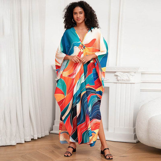 Print Holiday Loose Plus Size Robe Beach Cover-up Dress - Mubimart