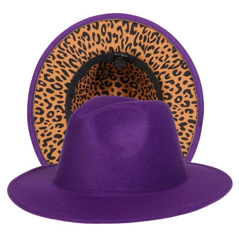 Double-sided Color-blocking Leopard Print Woolen Fedora Hat - Mubimart