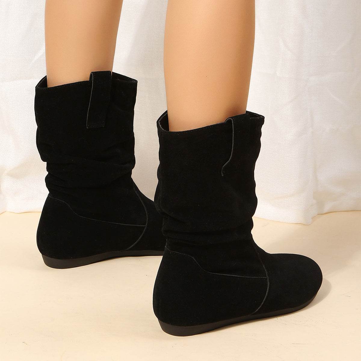 Round Toe Flat Boots Fashion Solid Color Suede Mid-calf Boot Winter Warm Shoes For Women - Mubimart