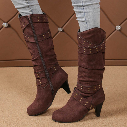 Fashion High Heel Boots With Cross-strap Rivet Design Retro V-cut Western Cowboy Boot Casual Zipper Shoes For Women - Mubimart