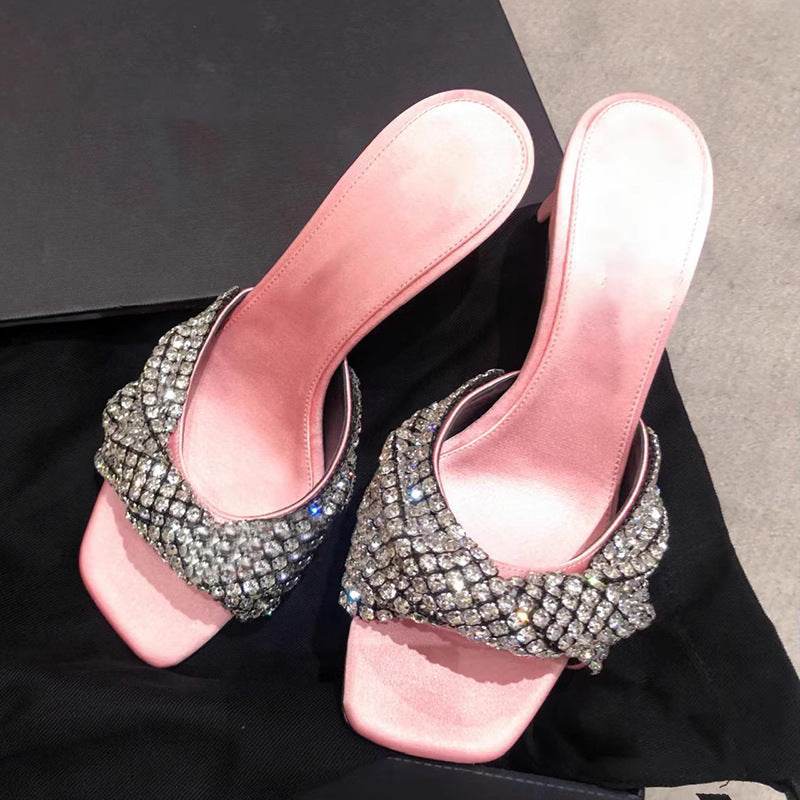 Rhinestone Bow Open Toe Stilettos Sandals Fashion All-match Sexy Roman Style Sandals - Mubimart