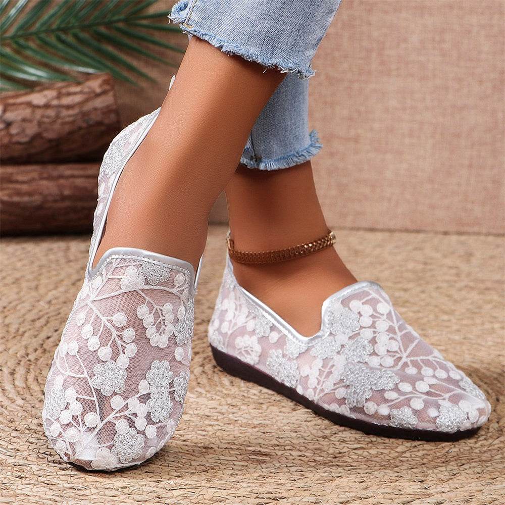 New Lace Embroidered Flat Shoes Summer Breathable Casual Loafers For Women - Mubimart