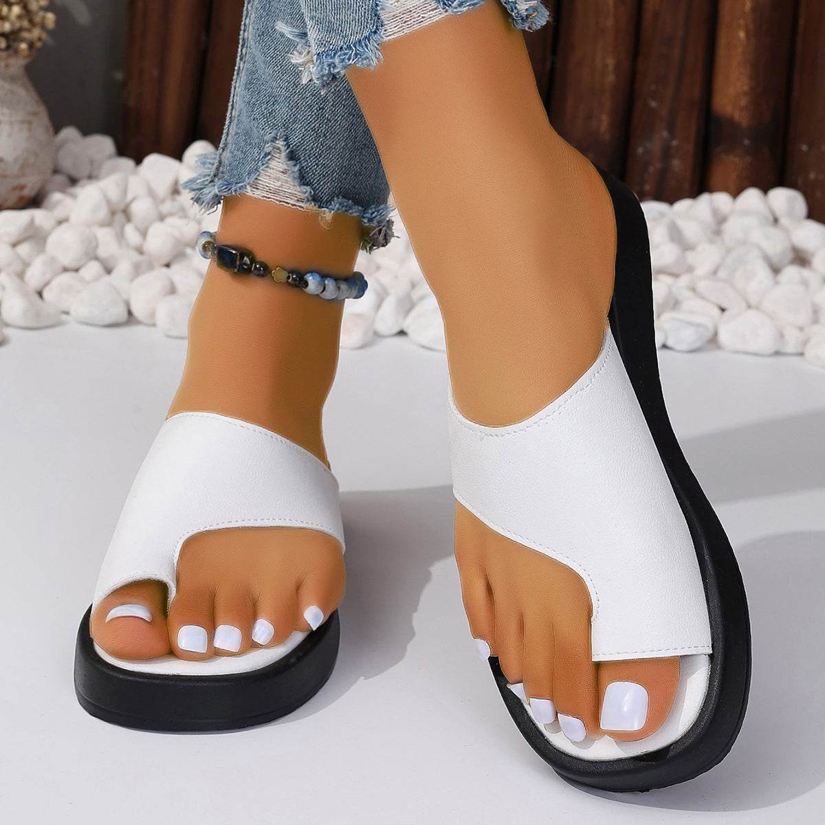 Thick-soled Clip Toe Flat Slippers Outdoor Summer Casual Solid Color Slides Shoes For Women - Mubimart