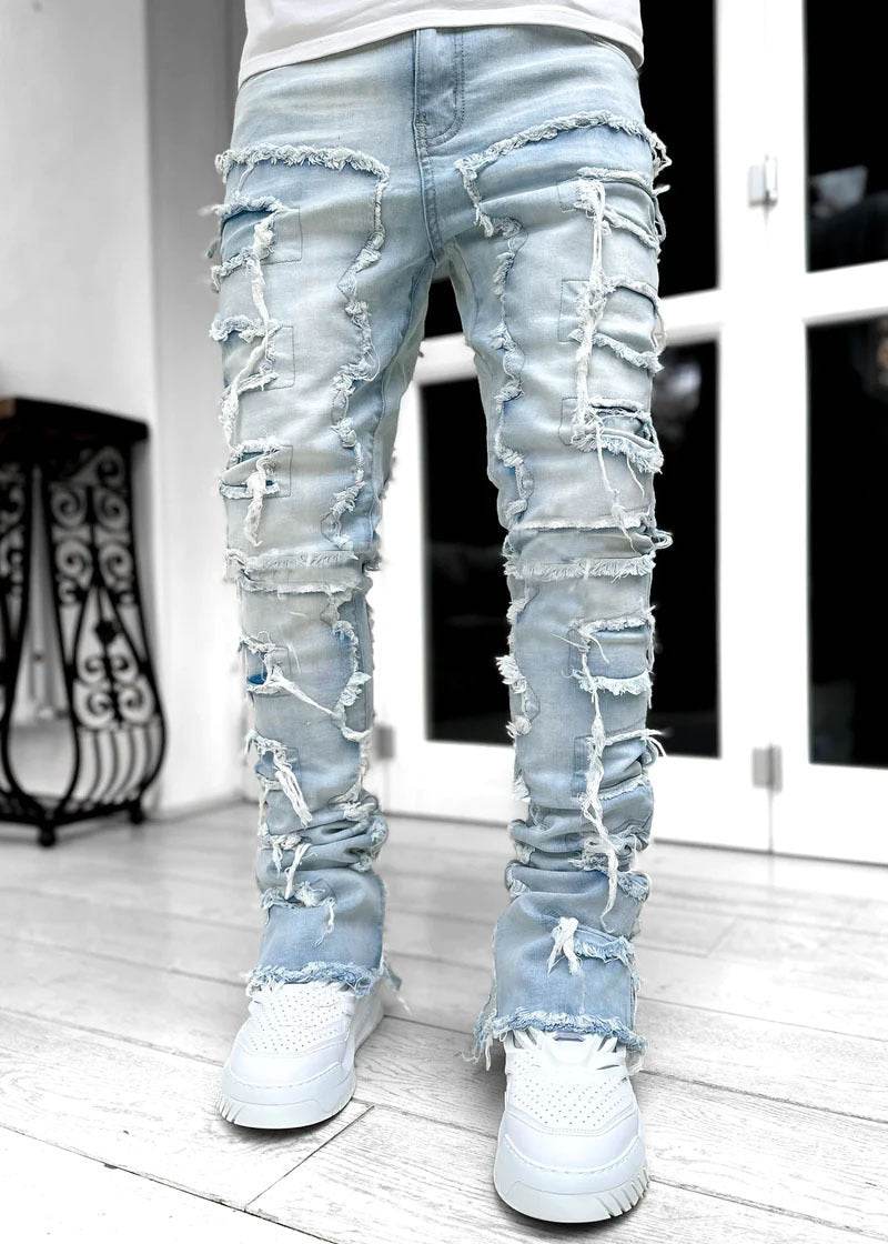 Men Trousers Individual Patched Pants Long Tight Fit Stacked Jeans For Mens Clothing - Mubimart