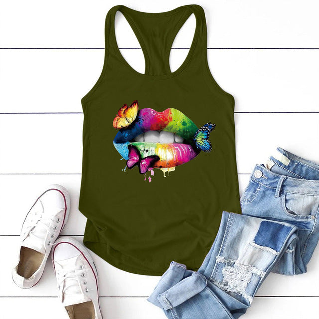 Multicolored Lips Butterflies Printed Tank Top Women - Mubimart -  