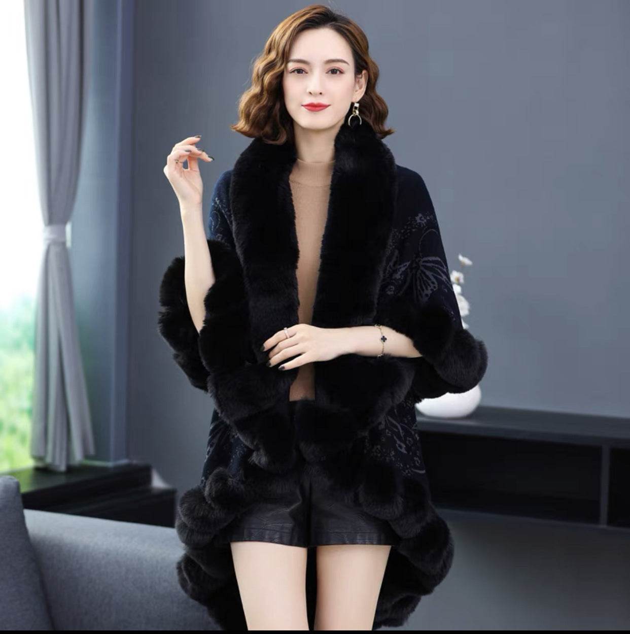 Imitation Rex Rabbit Fur Collar Shawl Cape Women's Plus Size - Mubimart