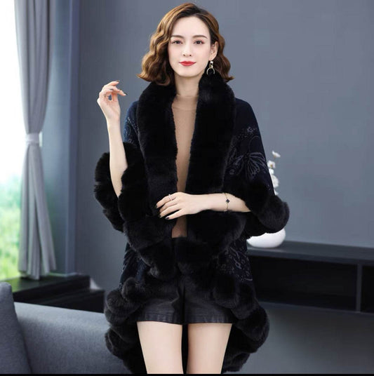 Imitation Rex Rabbit Fur Collar Shawl Cape Women's Plus Size - Mubimart